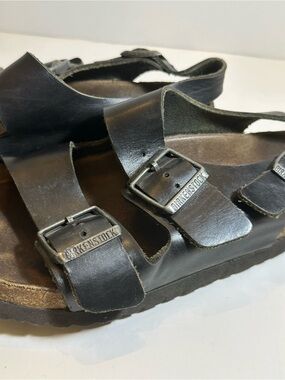 Birkenstock Black Leather 3 Strap Sandals Womens 7.5 8 Cork Footbed